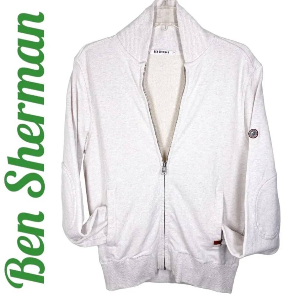 BEN SHERMAN 100% COTTON SHAWL COLLAR ELBOW PATCH GRANDPA CARDIGAN IVORY, Size XS